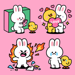 Cute Cartoon Rabbit and Chick Emotion Scenes Sticker Set
