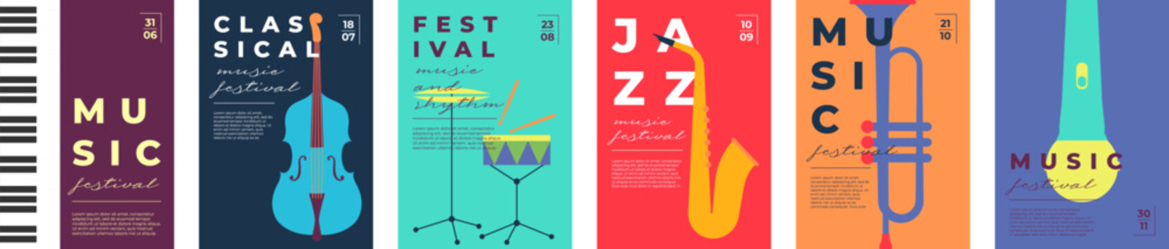 Naklejki Jazz and classical music festival poster set. Musical instruments saxophone, trumpet and piano. Minimal colorful flat vector prints. Summer classic concerts, party flyers or festive event invitations.