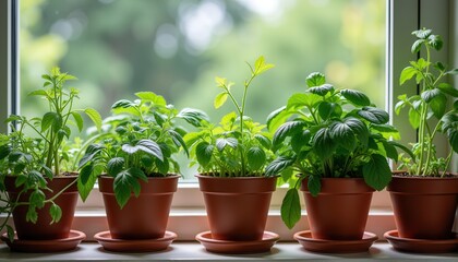 Indoor herb garden on sunny windowsill