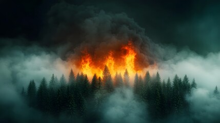 Raging wildfire engulfs a remote forest at night