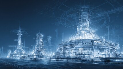 Fototapeta premium Futuristic blueprints of technical CCS facilities for innovative design and architecture projects.