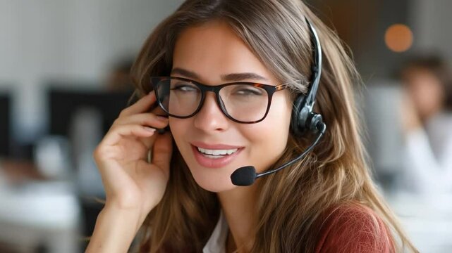 Customer Support Representative: A cheerful representative, donning eyeglasses and a headset, ready to provide support and assistance. A warm portrait capturing professional and helpfulness.