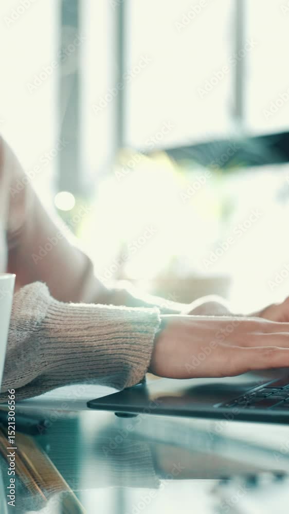 Poster hands, laptop and typing with student in home for distance learning, education or remote study. comp