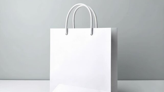 Studio shot of a blank white paper shopping bag with rope handles for branding mock-up and retail use