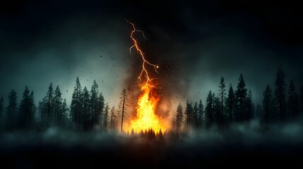 Fototapeta premium Raging wildfire in a dark stormy forest landscape