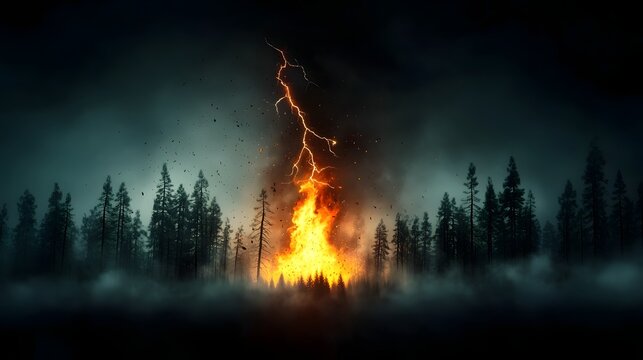 Raging wildfire in a dark stormy forest landscape