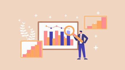 Man in suit analyzing bar chart with magnifying glass and growth charts in a light beige room decor