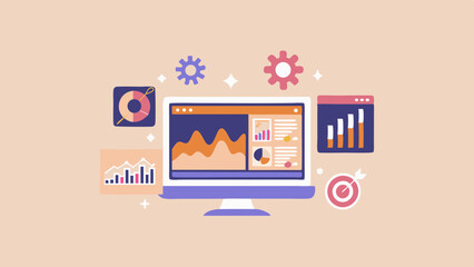 Computer screen displaying data charts and graphs with gears and target on pastel background