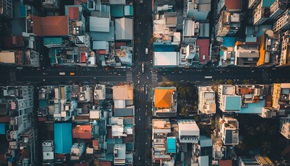 High-angle view of a city intersection.