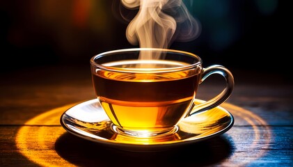 Fototapeta premium Amber tea in a transparent cup, like a jewel, is enveloped in a delicate haze of steam and rests on an elegant saucer, giving warmth and peace.