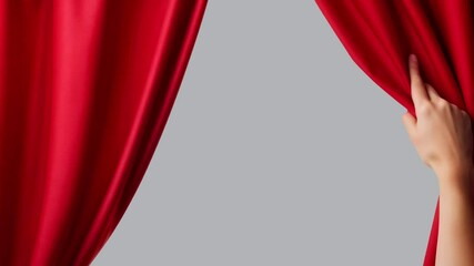 Hand pulling red curtain animated overlay, transparent 4K video, alpha channel, ProRes 4444