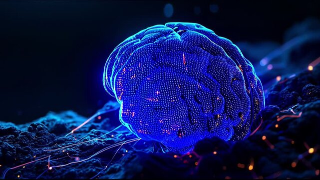 s a glowing blue brain on top of a pile of neurons