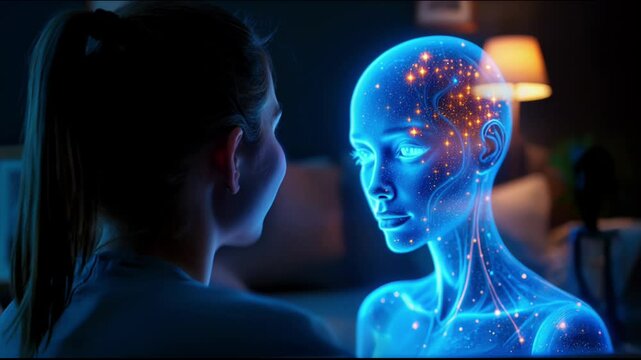 s a woman looking at a glowing brain with stars on it