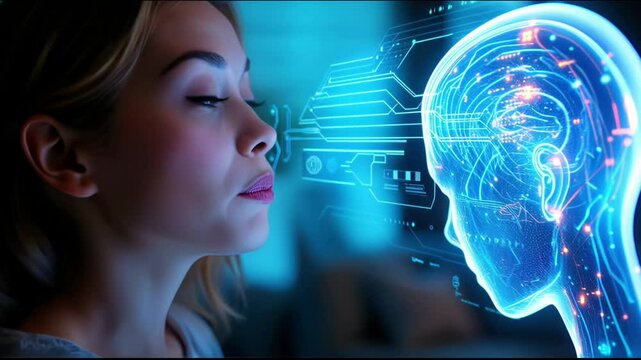 s a woman looking at a woman's face with a futuristic interface in the background. On the left side of the image