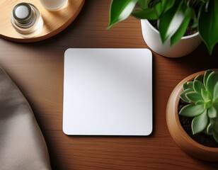 coaster mockup white blank coaster mockup in a table with beautiful plants