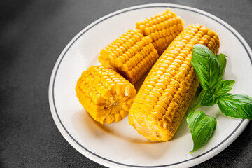 Corn cob food boiled snack vegetable fresh tasty gourmet food background on the table rustic food top view copy space keto and paleo diet vegetarian and vegan food