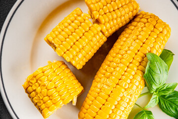 Corn cob food boiled snack vegetable fresh tasty gourmet food background on the table rustic food top view copy space keto and paleo diet vegetarian and vegan food