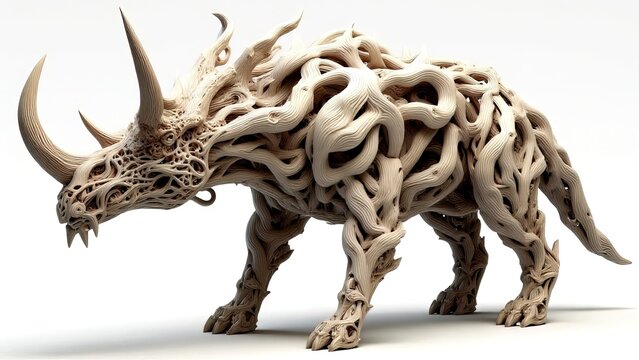 Intricate Wooden Sculpture of a Rhinosaur with Twisted Branches