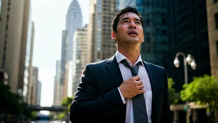 Asian man untying tie feeling hot on city street. Businessman suffering from summer heat in urban environment. Summer lifestyle video. - Powered by Adobe
