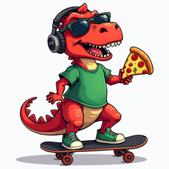 Vector drawing for children t-shirt. 
Cute teenager dinosaur with headphones, glasses,
triangular piece of pizza on skateboard 
on white background. Design for fabric, 
kids clothing.