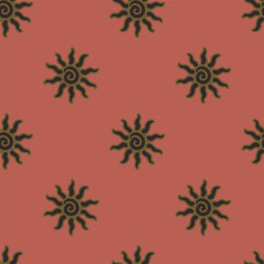 Abstract summer background with hand drawn sun sign. Vintage vector seamless pattern. Retro repeat ornament wallpaper. Nostalgic colored fashion allover print
