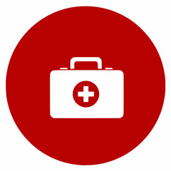 Obraz premium A solid red circle containing a white, minimalist first aid kit icon with a prominent white cross.