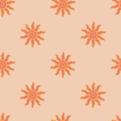 Abstract summer background with hand drawn sun sign. Vintage vector seamless pattern. Retro repeat ornament wallpaper. Nostalgic colored fashion allover print