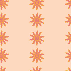 Abstract summer background with hand drawn sun sign. Vintage vector seamless pattern. Retro repeat ornament wallpaper. Nostalgic colored fashion allover print