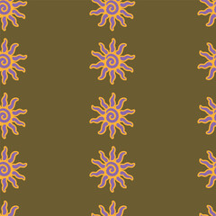 Abstract summer background with hand drawn sun sign. Vintage vector seamless pattern. Retro repeat ornament wallpaper. Nostalgic colored fashion allover print