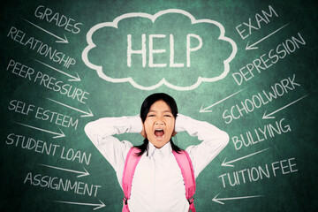 Stressed Schoolgirl Screaming in Front of Chalkboard with Mental Health and Academic Pressure Words