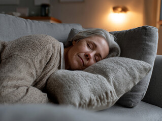 Elderly woman sleeping on the sofa.
