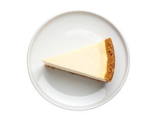 Cheesecake slice on plate, top view on white background