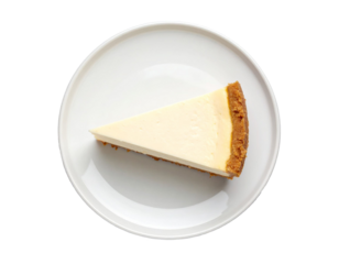 Cheesecake slice on plate, top view on white background