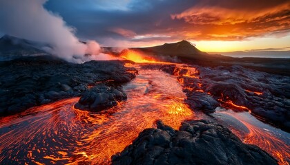 Fototapeta premium a stunning view of lava flow with intense fire and brimstone effects showcasing the power of nature s fury in a dramatic and vibrant landscape perfect for creative projects