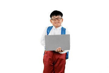Smiling Asian Schoolboy Holding Laptop and Wearing Backpack Isolated on White Background