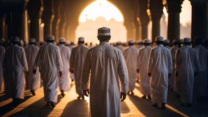 Naklejka premium Muslim Men Walking Towards Light in Mosque