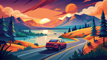 A car is driving down a road near a lake. The sun is setting in the background, creating a beautiful and serene atmosphere Very beautiful