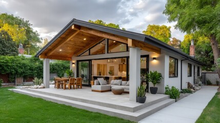 Modern outdoor patio attached house