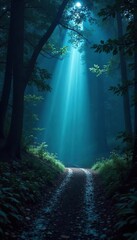 A powerful flashlight beam cuts through the darkness, illuminating a mysterious path ahead Perfect for concepts of adventure, exploration, and mystery , mystery, obstacle, powerful beam