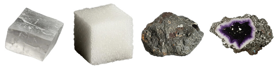 PNG Four distinct mineral specimens arranged in a collage.