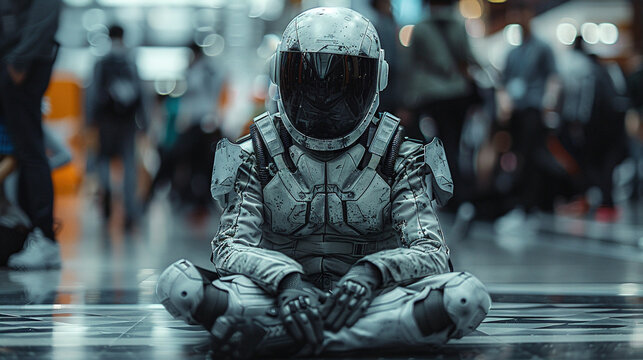 A candid moment of rest, cosplayer amidst chaos