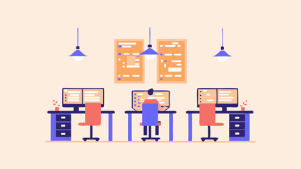 Fototapeta premium Office workspace scene with desks computers chairs and hanging lights in a modern minimalist style setup