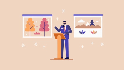 Man giving a presentation with autumn and winter themed pictures displayed on the wall behind him