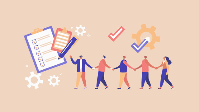 Teamwork collaboration with checklist and gears for project management and productivity focus effort