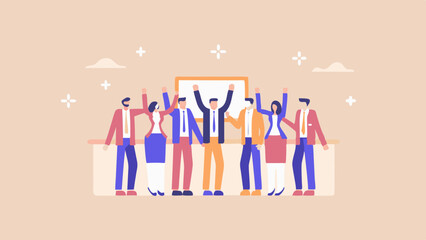 Group of business people celebrating a success with arms raised in front of a whiteboard illustration