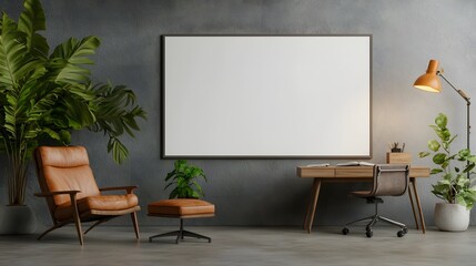 Rustic office studio with a blank canvas wall