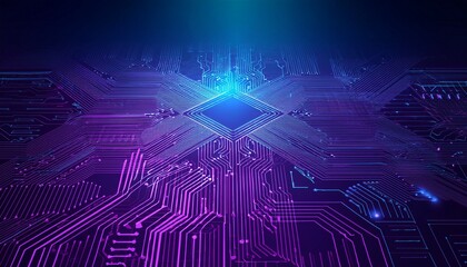 Obraz premium digital technology illustration 3d backdrop purple violet microchip link abstract background pcb blue technically printed circuit board system program cyberspace communication connect conceptual tech
