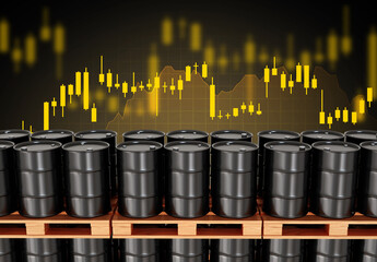 Stack of oil barrels and graph chart. Changes in prices in energy market concept