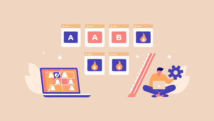 Illustration showing a laptop with a grid, a man with a laptop and a gear, and a b testing windows