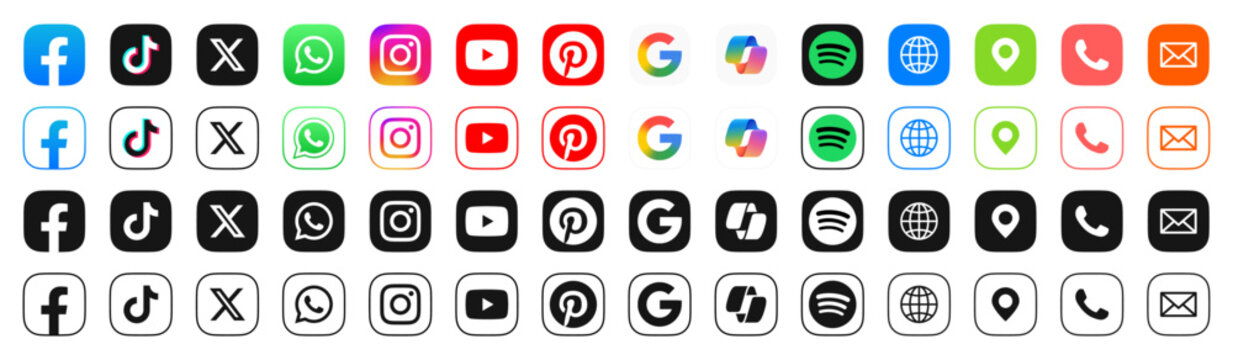 Social media icon logo vector set. Instagram, X, facebook, tiktok app. Popular social media icons button fit for web, mobile app
